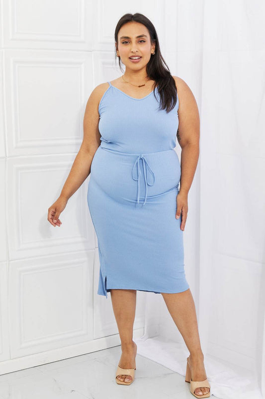 Capella Flatter Me Full Size Ribbed Front Tie Midi Dress in Pastel Blue - Hovatok