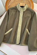 Double Take Snap Down Contrast Fleece Jacket with Pockets - Hovatok