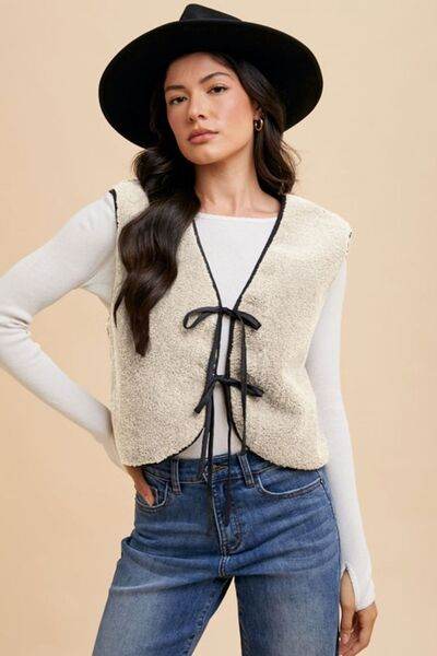 Annie Wear V-Neck Tie Detail Vest Coat - Hovatok