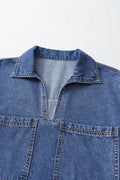 Short Sleeve Collared Patched Pocket Denim Mini Dress - Hovatok