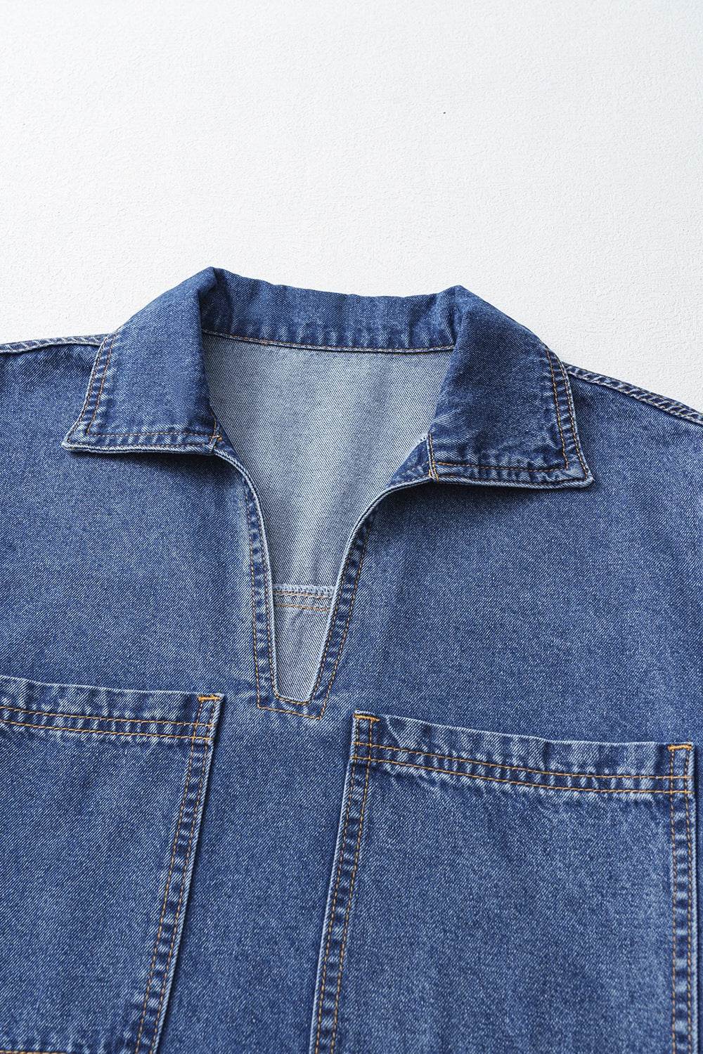 Short Sleeve Collared Patched Pocket Denim Mini Dress - Hovatok