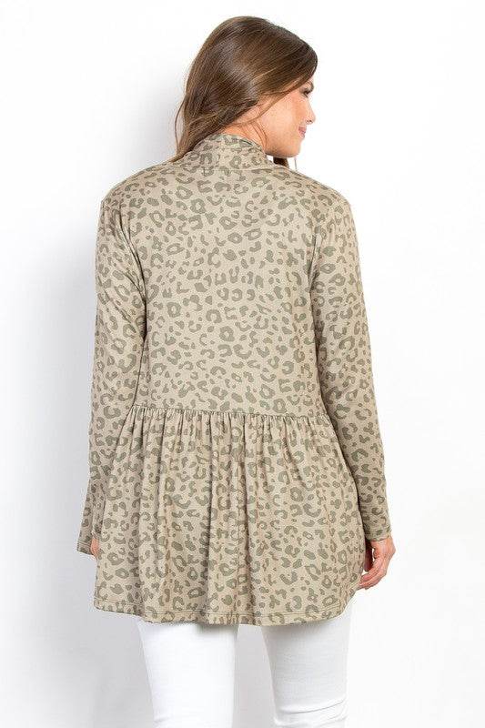 Be Stage Full Size Peplum Leopard Open Front Long Sleeve Cardigan - Hovatok