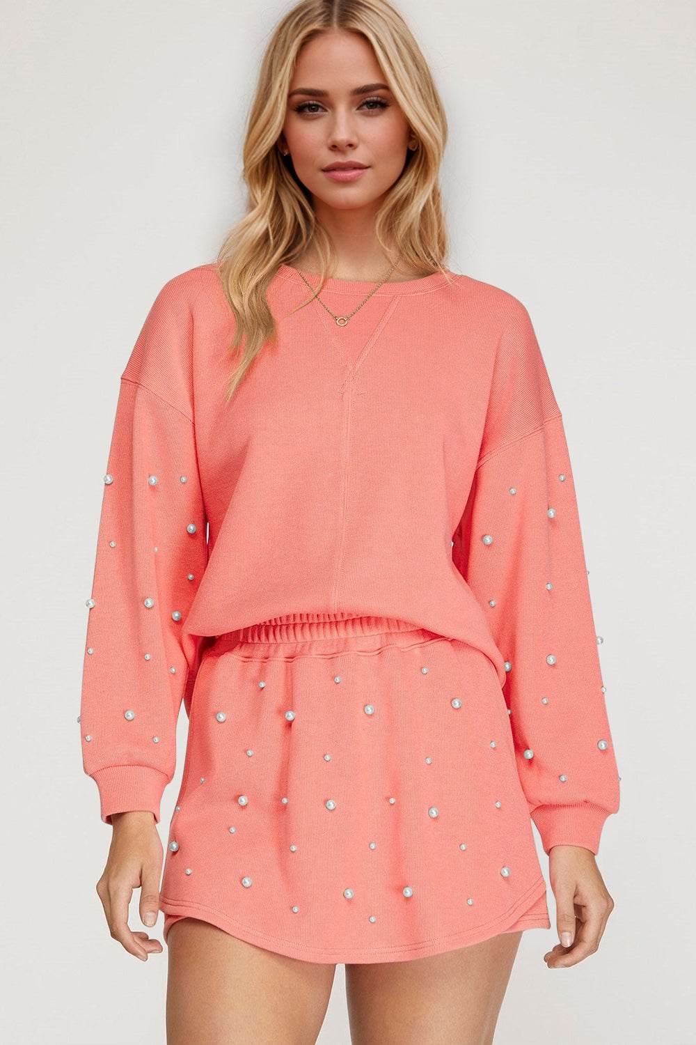 Oh Pearl Trim Round Neck Long Sleeve Top and Skirt Set - Hovatok
