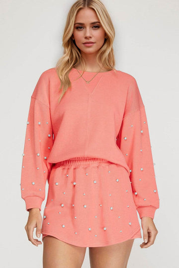 Oh Pearl Trim Round Neck Long Sleeve Top and Skirt Set - Hovatok