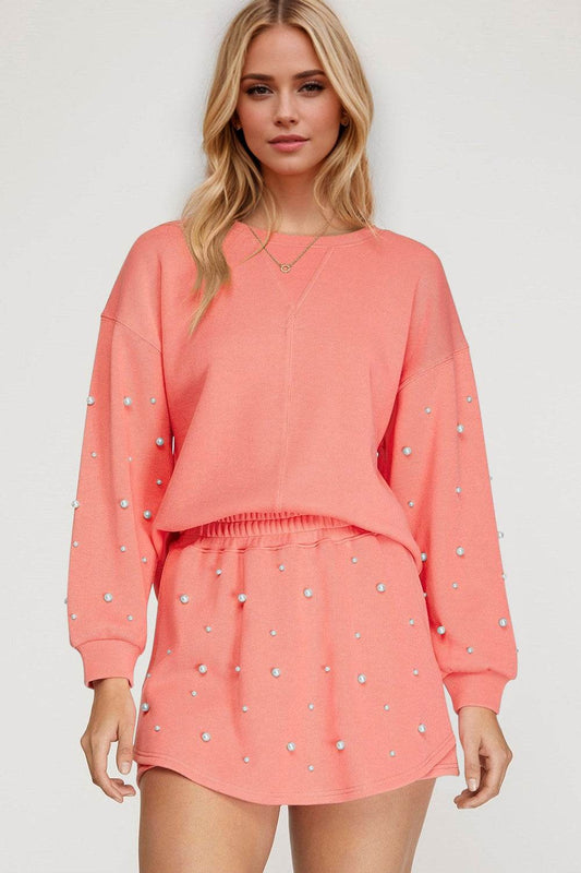 Oh Pearl Trim Round Neck Long Sleeve Top and Skirt Set - Hovatok