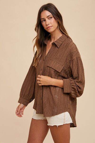 Annie Wear Openwork Button Down Drop Shoulder Shirt - Hovatok