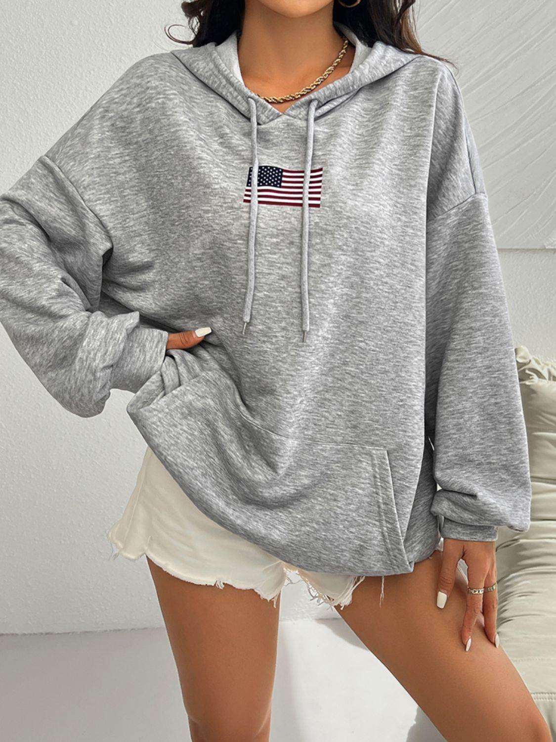 Devine Drawstring US Flag Long Sleeve Hoodie - Hovatok