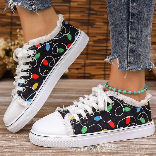 Raw Hem Printed Round Toe Sneakers - Hovatok