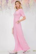 Celeste Plus Size Round Neck Short Sleeve Maxi Dress with Pockets - Hovatok