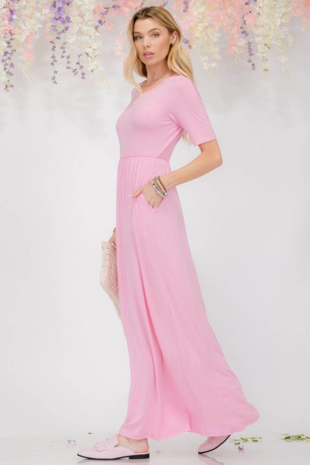 Celeste Plus Size Round Neck Short Sleeve Maxi Dress with Pockets - Hovatok