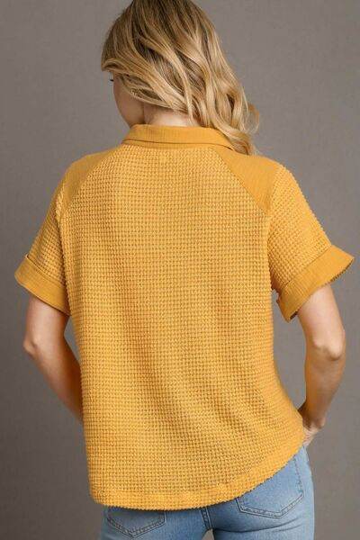 Umgee Full Size Waffle-Knit Short Sleeve Button Down Shirt Plus Size - Hovatok