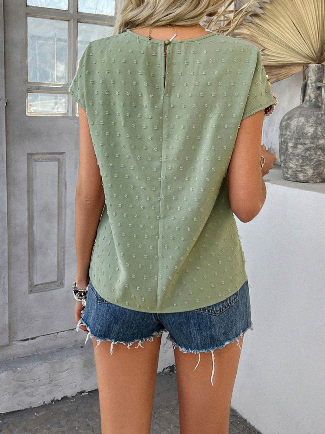 Devine Swiss Dot Round Neck Crochet Short Sleeve Top - Hovatok