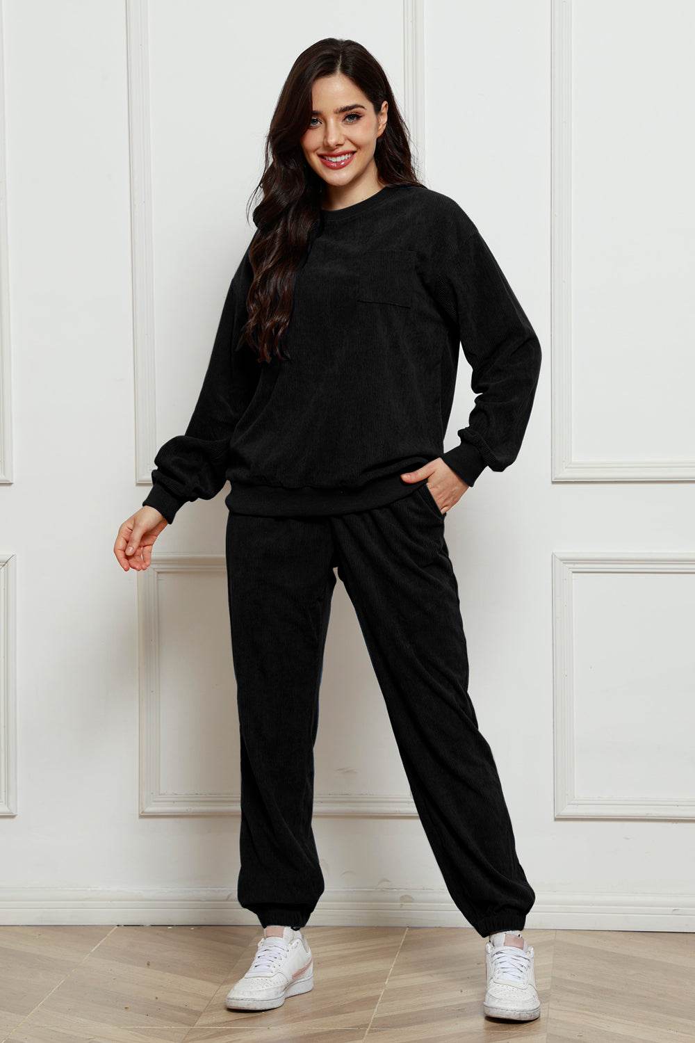 Corduroy Round Neck Sweatshirt and Sweatpants Set - Hovatok