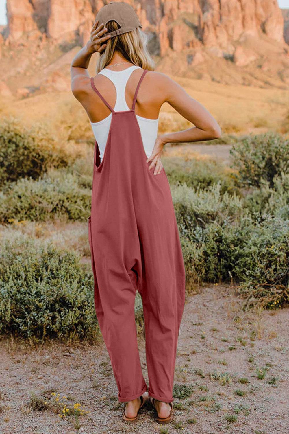 Double Take Full Size V-Neck Sleeveless Jumpsuit with Pockets - Hovatok