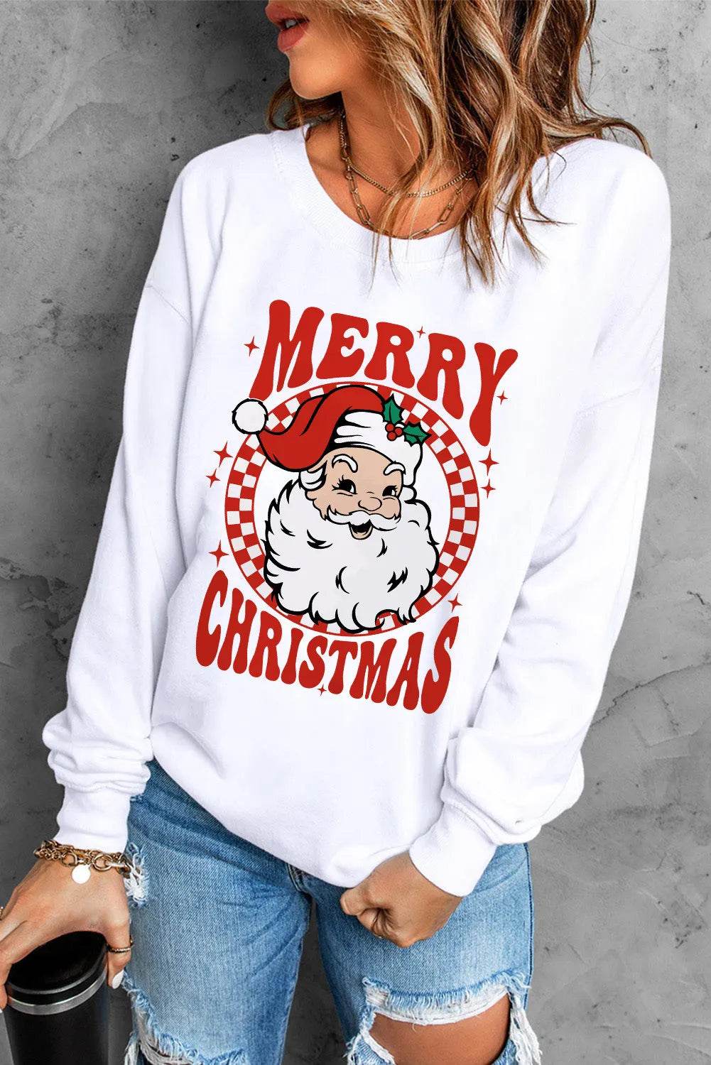 Santa Graphic Round Neck Long Sleeve Sweatshirt - Hovatok