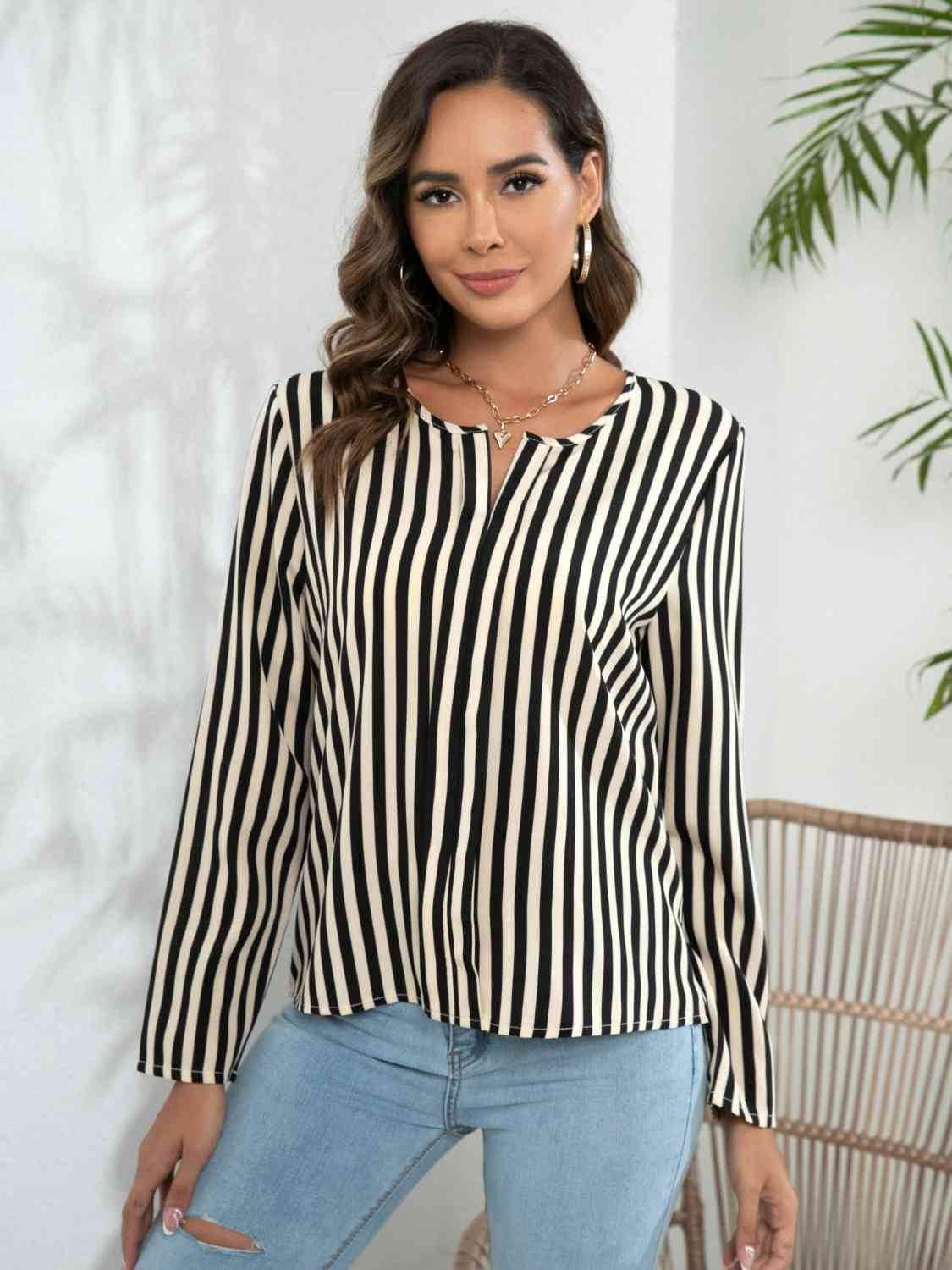 Striped Long Sleeve Notched Blouse - Hovatok
