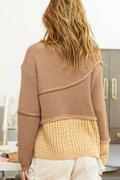 BiBi Texture Detail Contrast Drop Shoulder Sweater - Hovatok