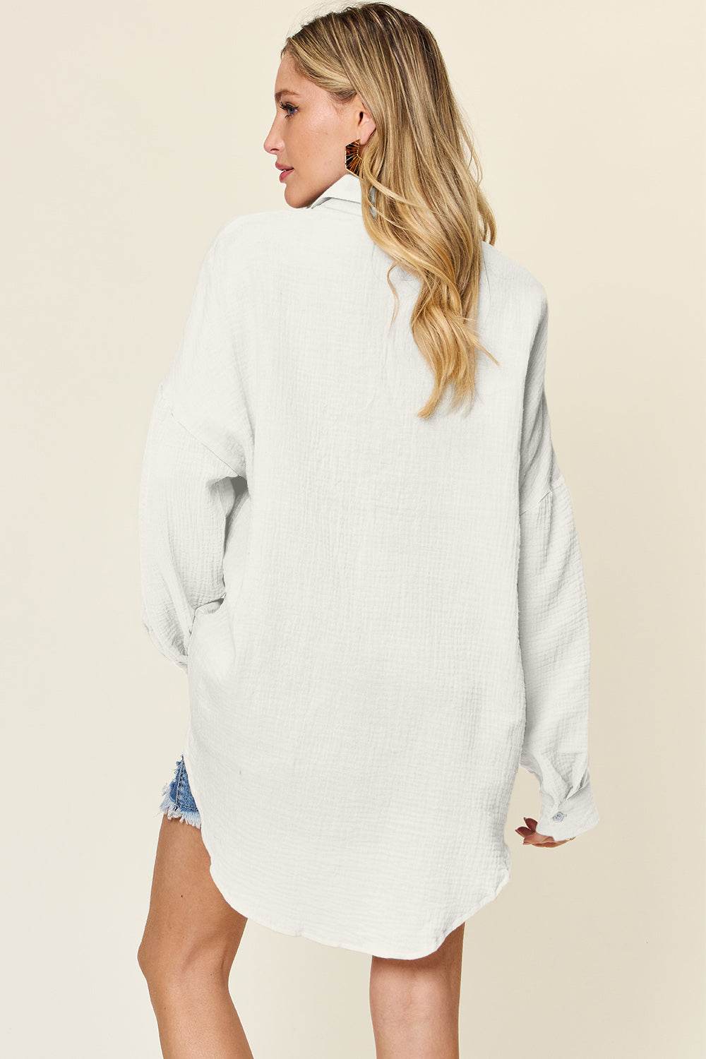 Double Take Full Size Pocketed Texture Button Up Shirt - Hovatok