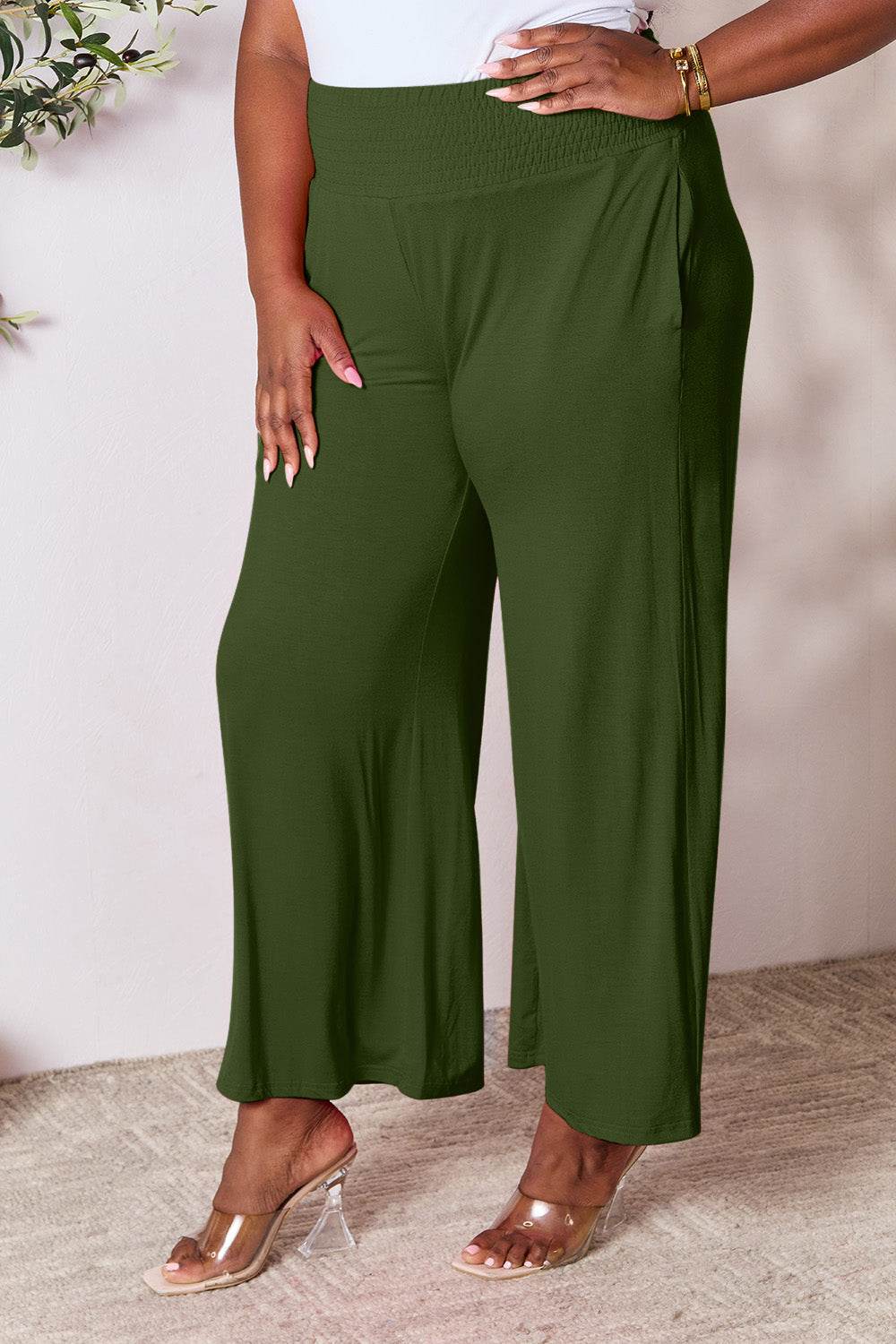 Basic Bae Full Size Smocked Wide Waistband Wide Leg Pants - Hovatok