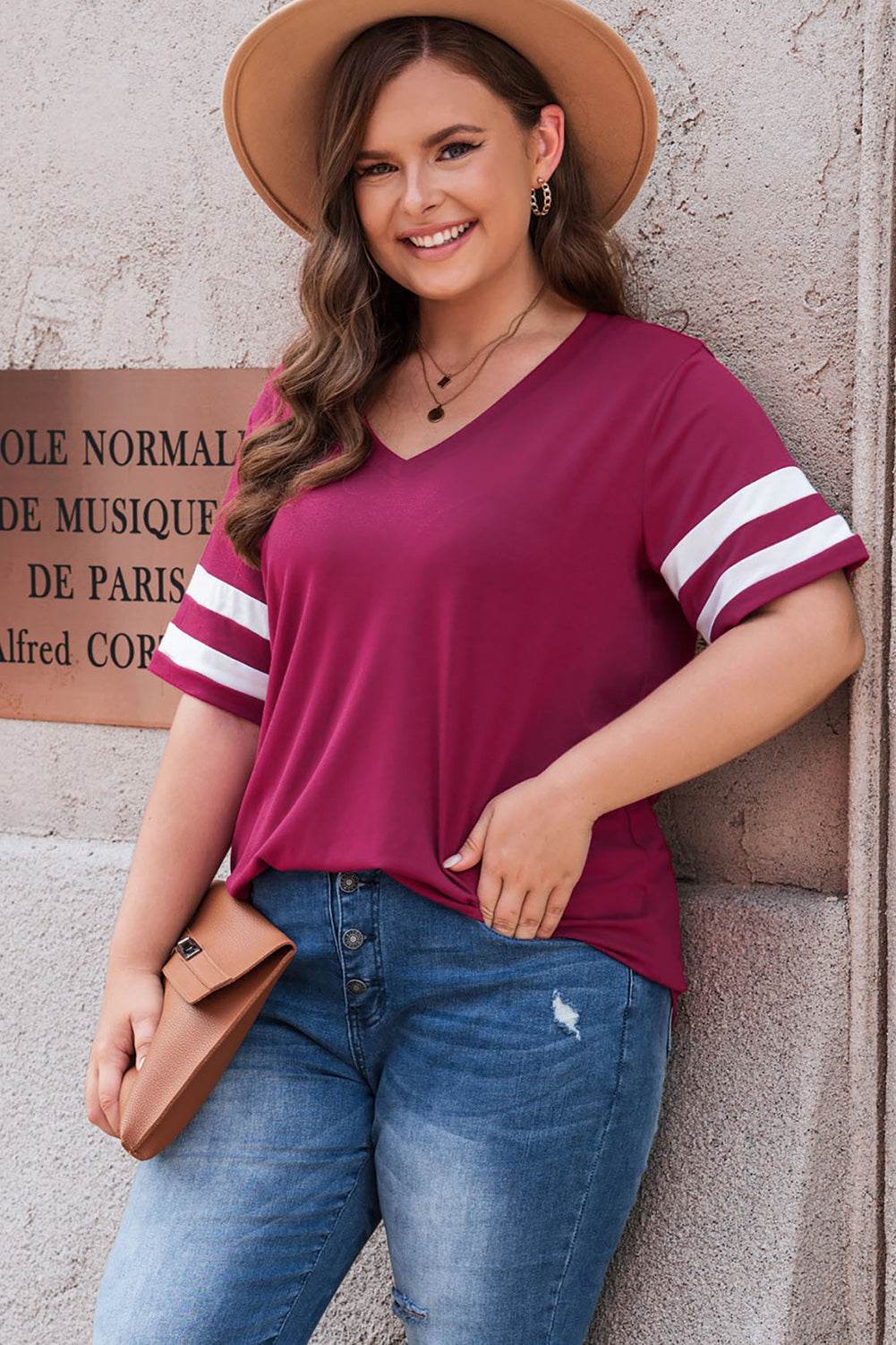 Plus Size Striped V-Neck Tee Shirt - Hovatok