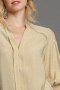 Umgee Full Size Notched Smocked Cuff Woven Top Plus Size - Hovatok