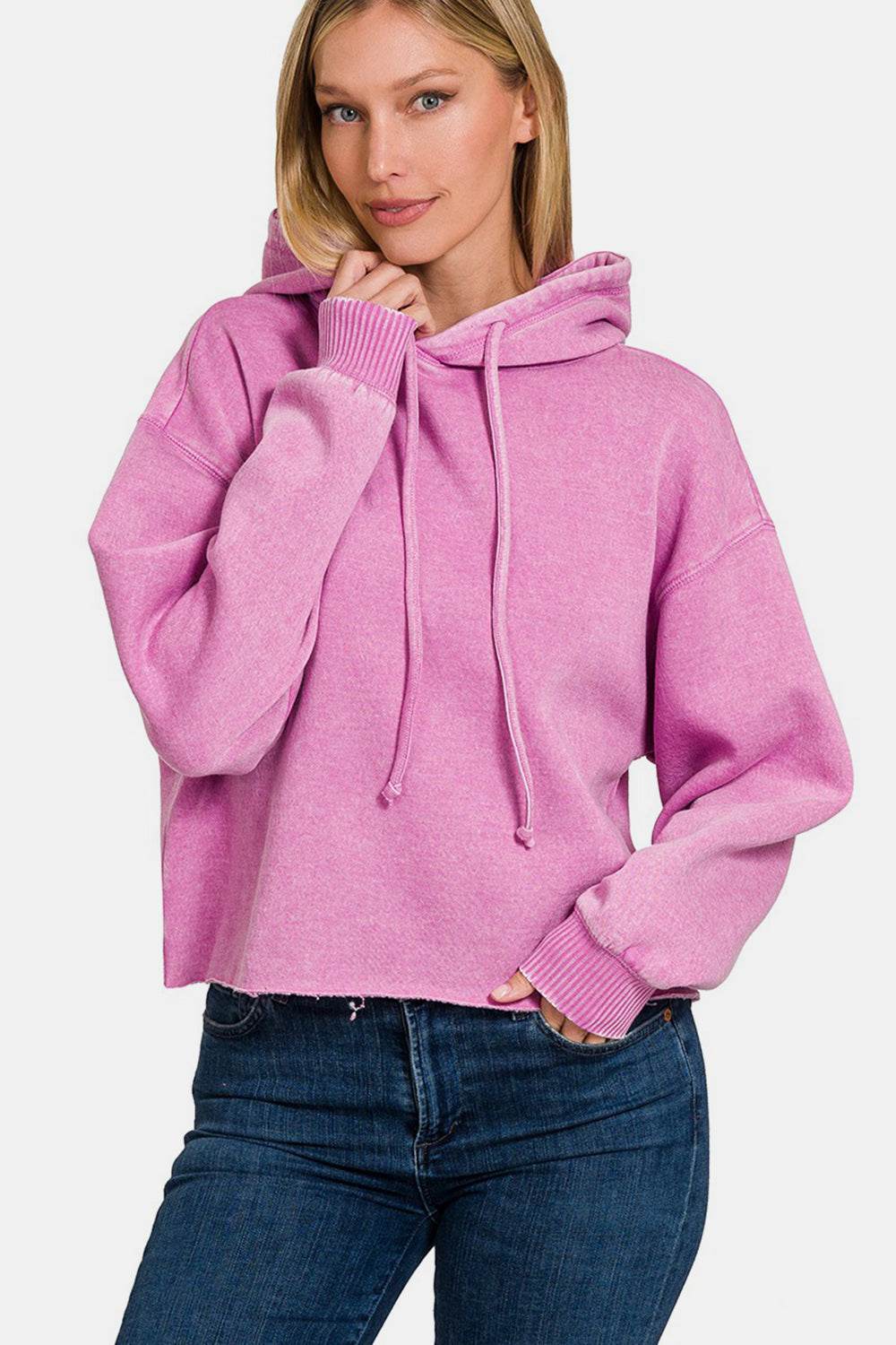 Zenana Acid Wash Fleece Cropped Hoodie - Hovatok