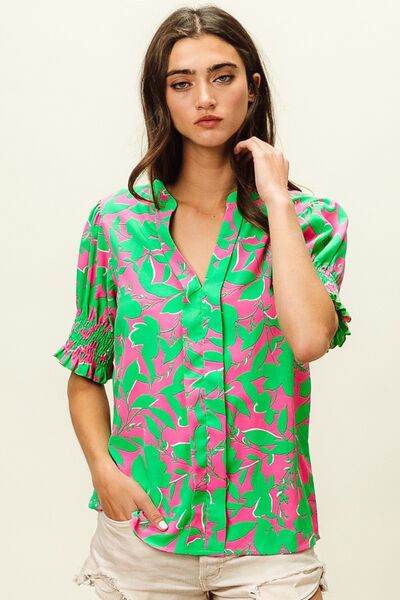 BiBi Smocked Cuff Floral Contrast Top - Hovatok