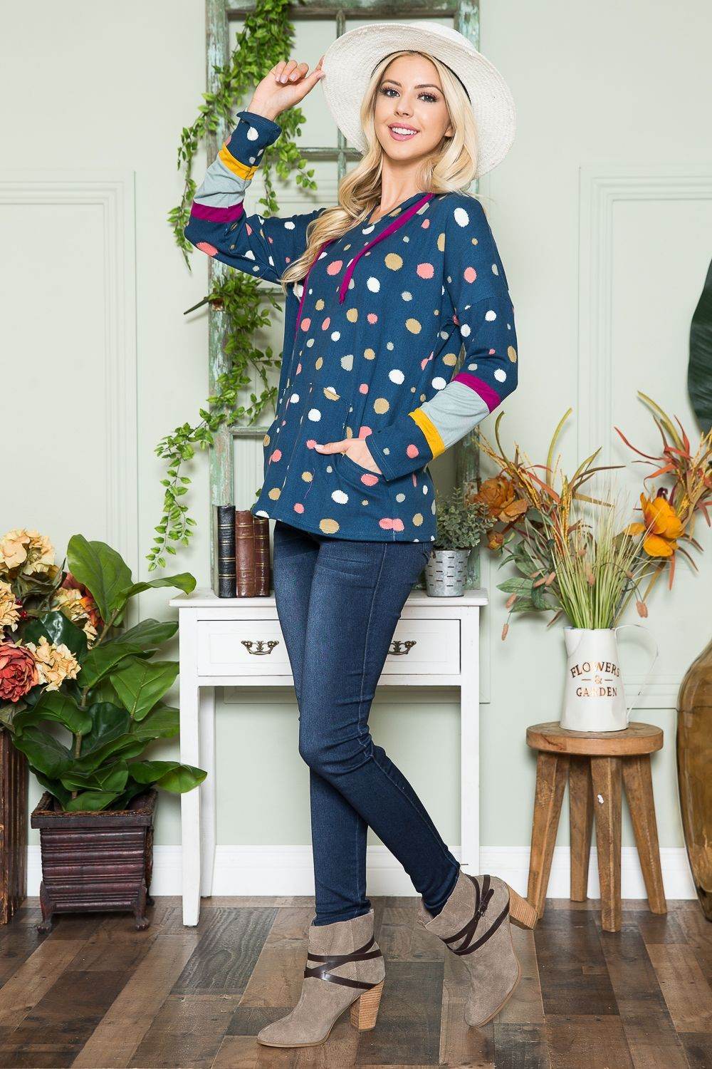 Celeste Full Size Polka Dot Drawstring Hoodie - Hovatok