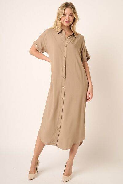 Mittoshop Collared Neck Dolman Short Sleeve Midi Shirt Dress - Hovatok