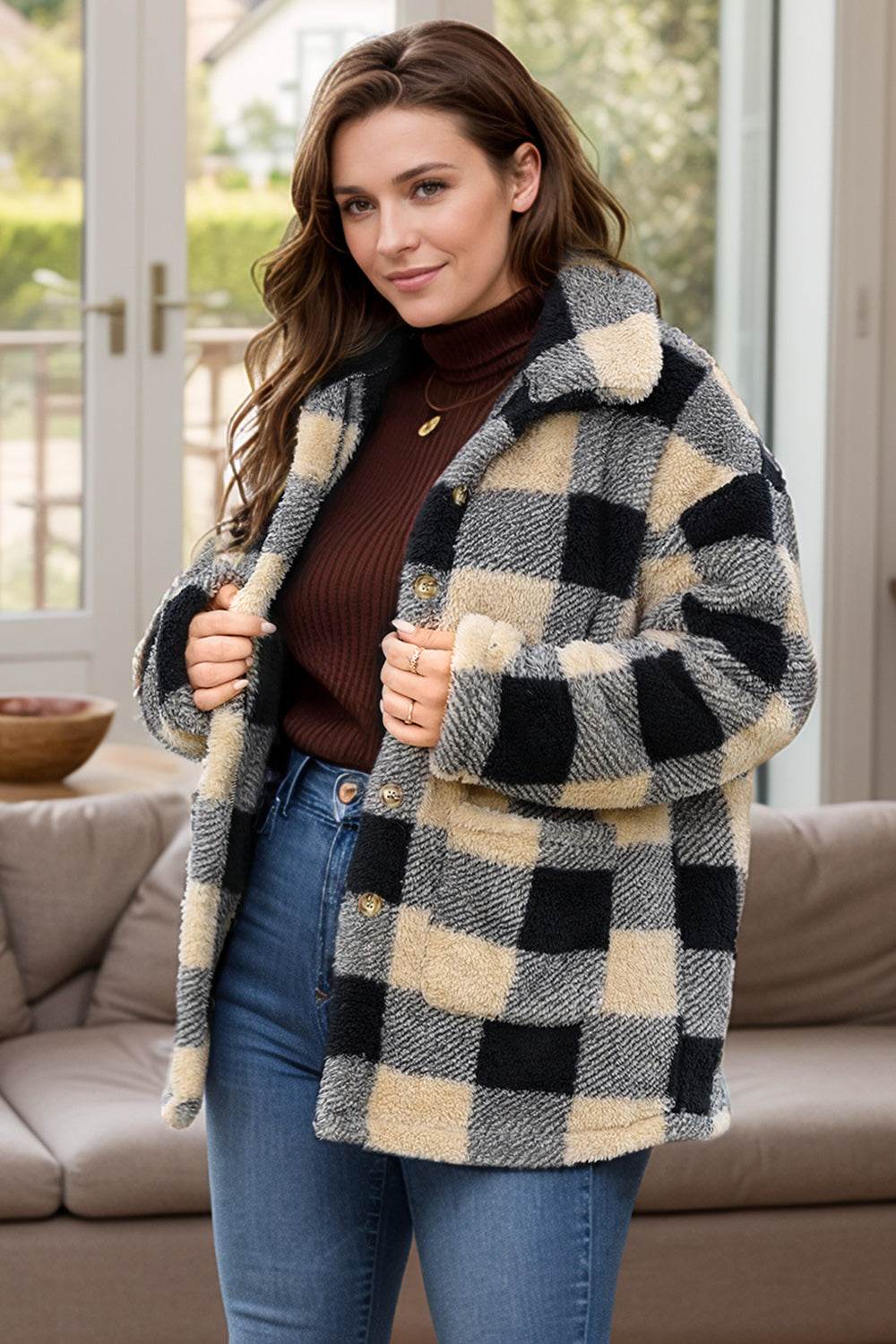 Plus Size Plaid Button Up Long Sleeve Coat - Hovatok