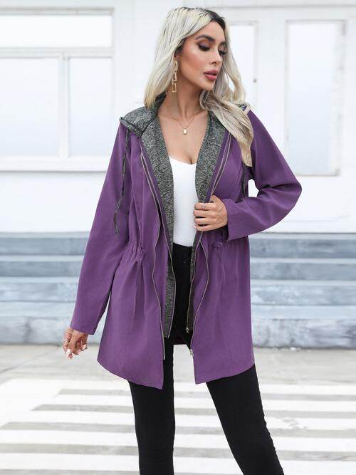 Zip Up Drawstring Hooded Trench Coat - Hovatok