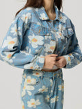 Distressed Raw Hem Floral Collared Neck Denim Top - Hovatok