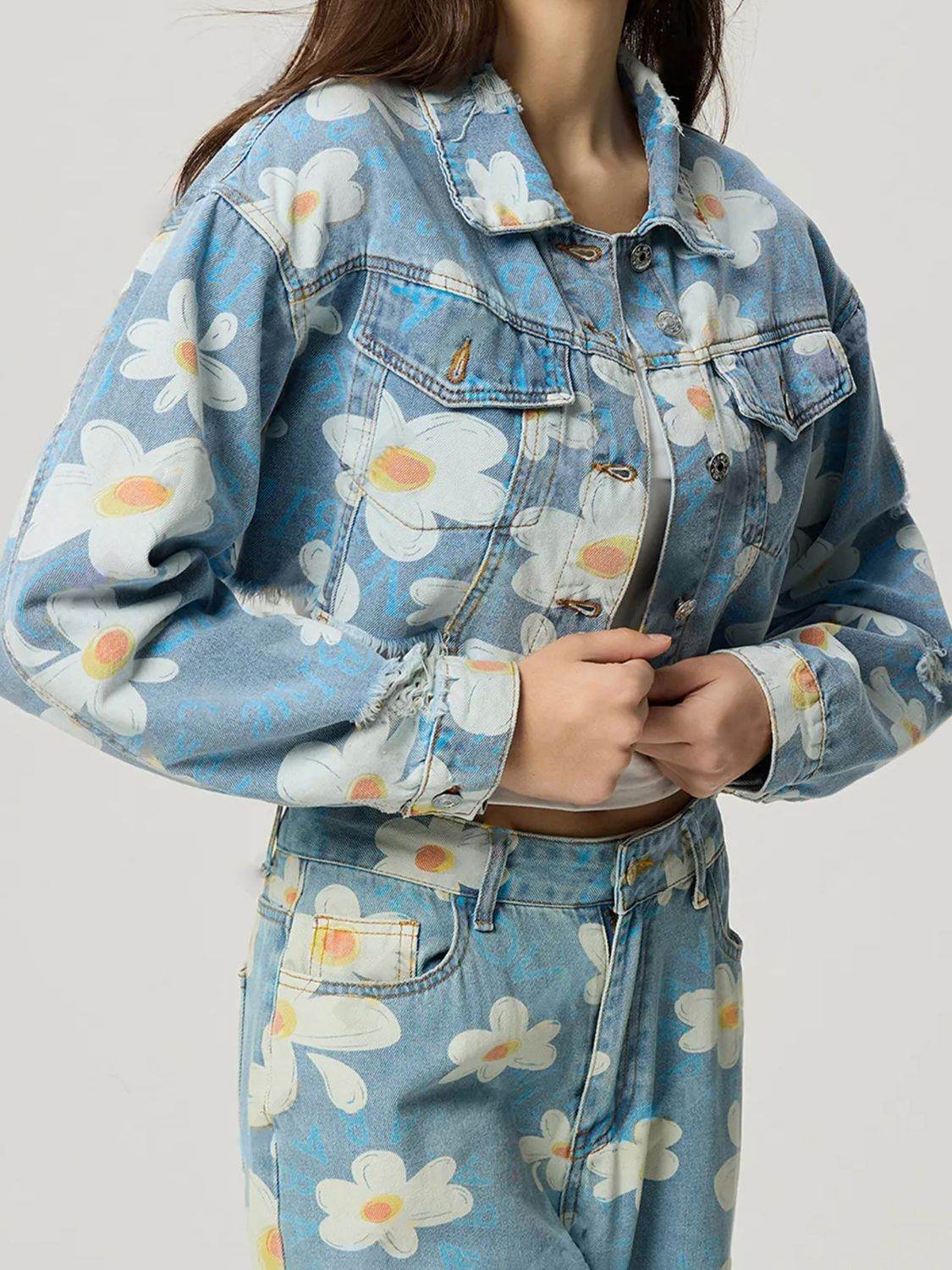 Distressed Raw Hem Floral Collared Neck Denim Top - Hovatok