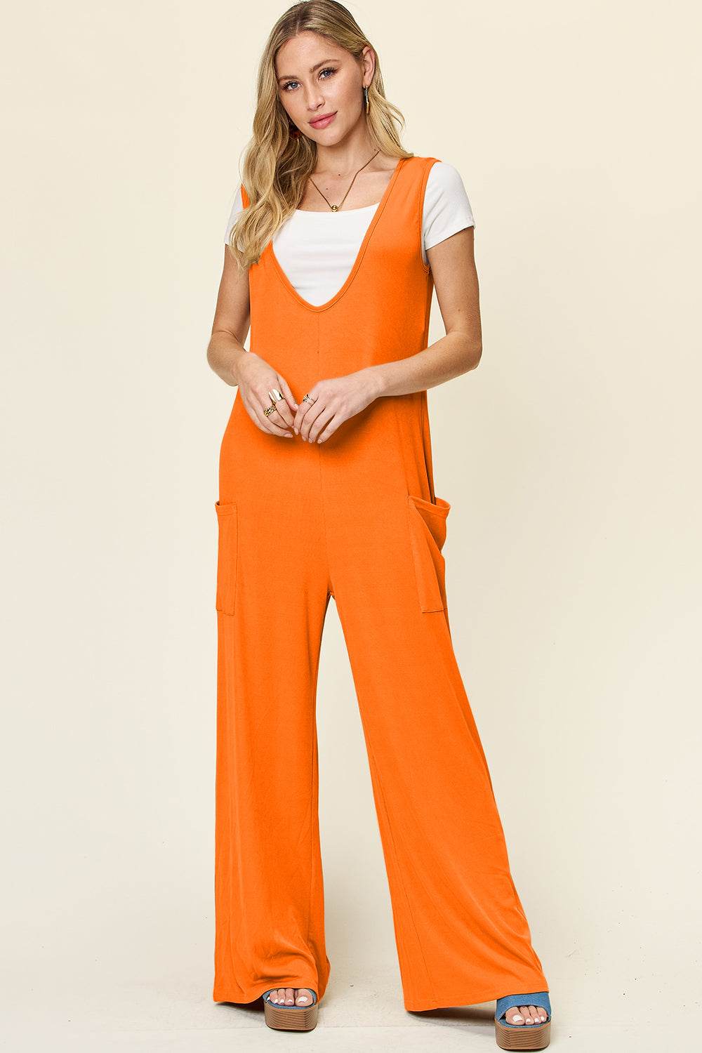 Double Take Full Size Sleeveless Wide Leg Jumpsuit with Pockets - Hovatok