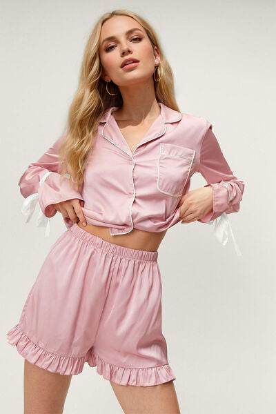 Basic Bae Tied Cuff Collared Neck Top and Frill Shorts Lounge Set - Hovatok
