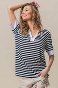 BiBi Contrast Striped Notched Knit Top - Hovatok
