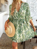 Devine Printed Surplice Ruffled 3/4 Sleeve Mini Dress - Hovatok