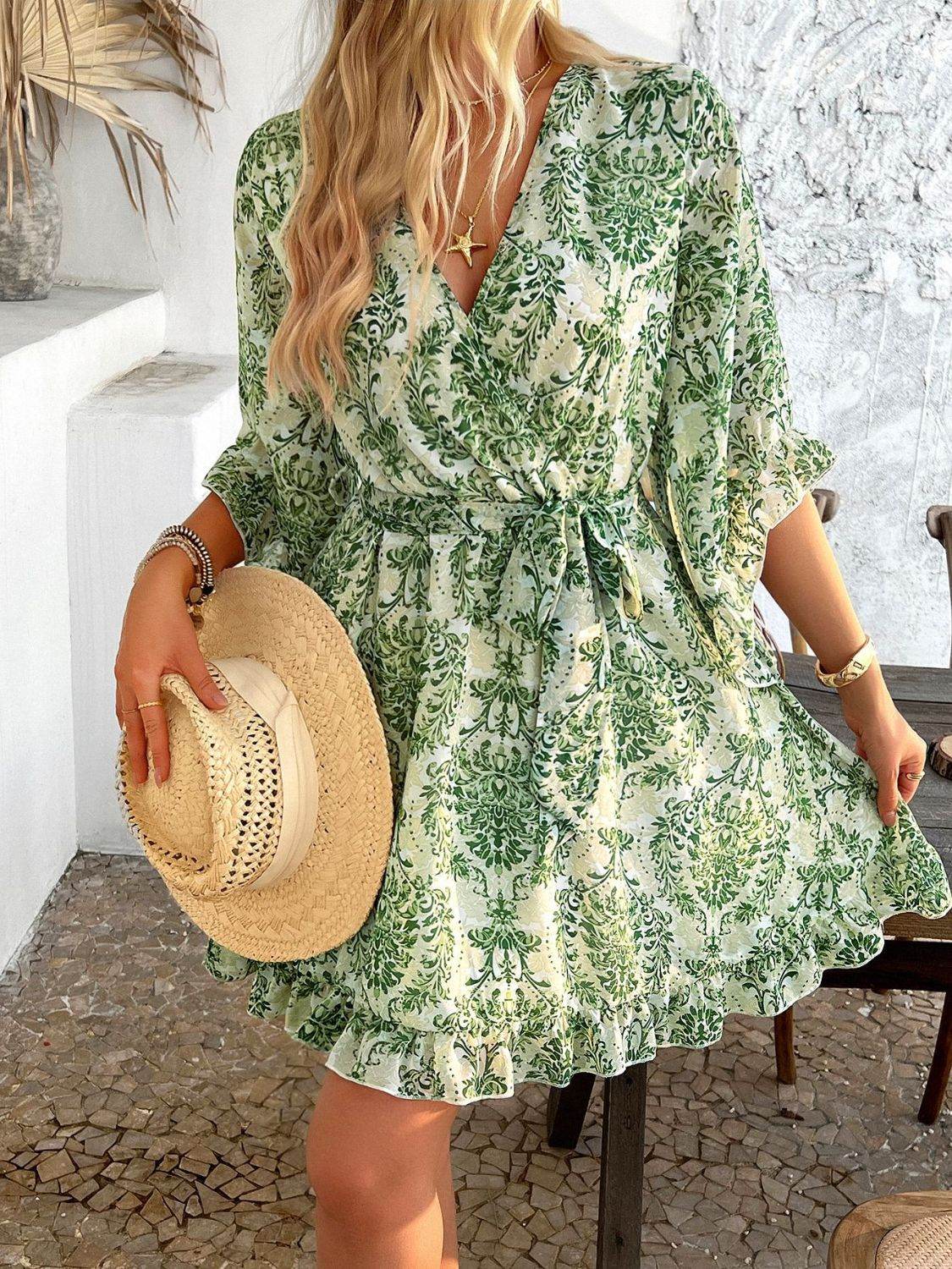 Devine Printed Surplice Ruffled 3/4 Sleeve Mini Dress - Hovatok
