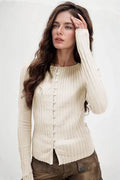 Basic Bae Texture Button Up Round Neck Long Sleeve Top - Hovatok