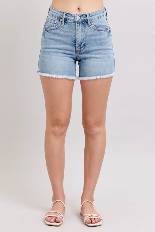 Judy Blue Full Size Tummy Control Raw Hem Denim Shorts Plus Size - Hovatok