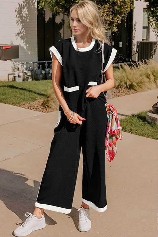 Oh Texture Contrast Trim Round Neck Cap Sleeve Top and Pants Set - Hovatok