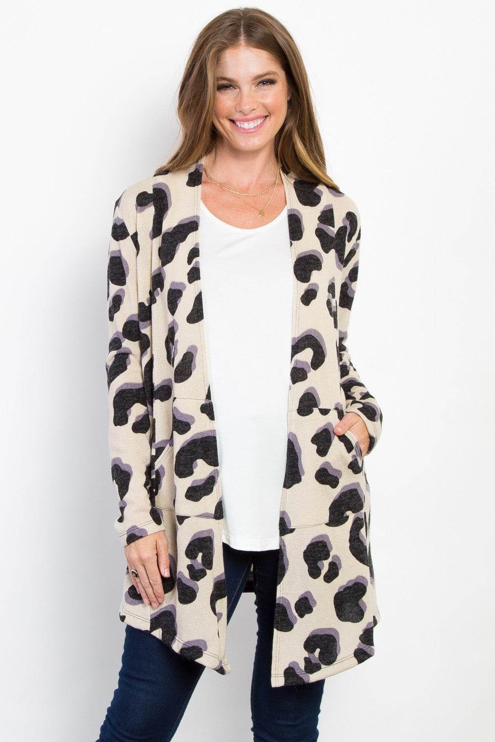 Be Stage Printed Open Front Knit Cardigan with Pockets - Hovatok