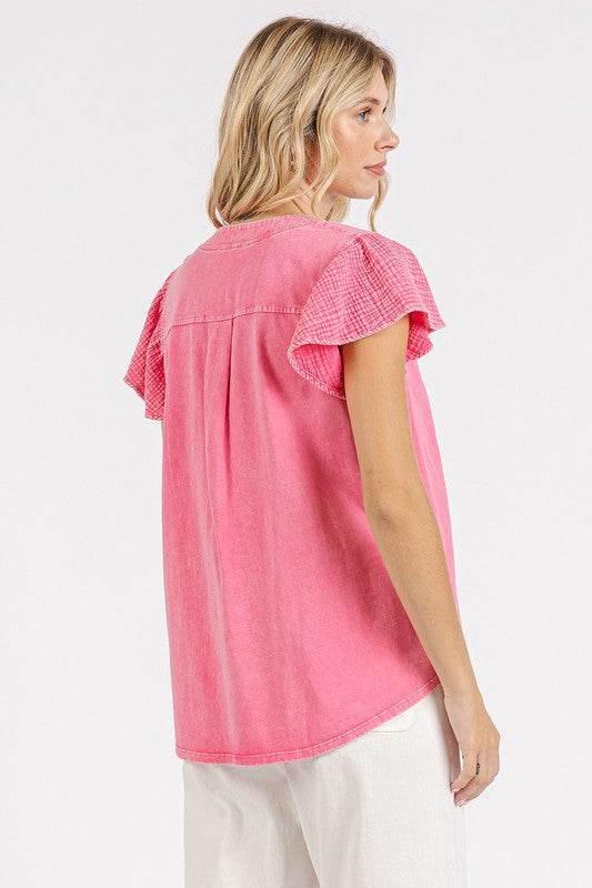 Mittoshop Mix Media Ruffle Short Sleeve Mineral Wash Top - Hovatok