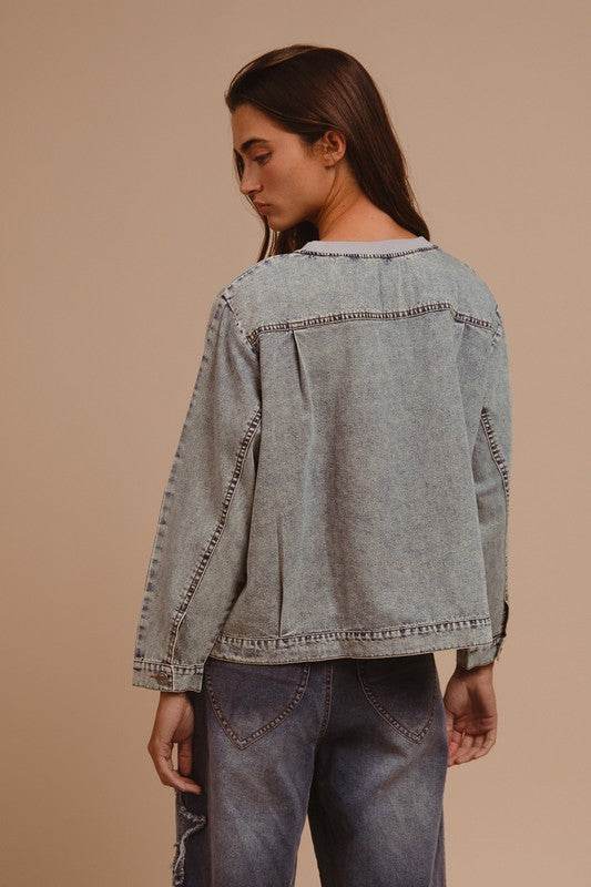 BiBi Mineral Washed Checkered Round Neck Denim Top - Hovatok