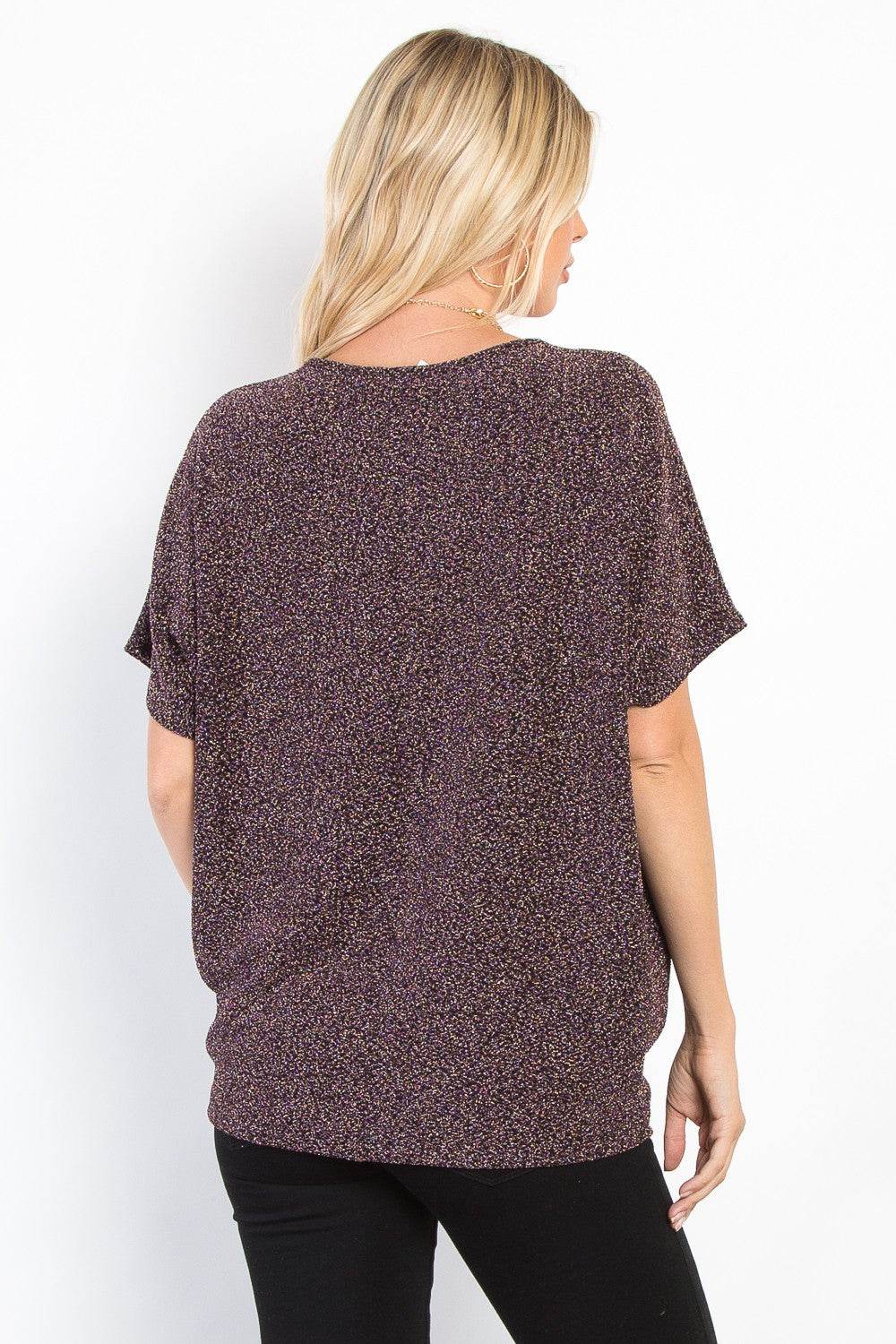 Be Stage Full Size Lurex Center Elastic Cinched Knit Top - Hovatok
