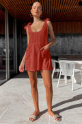 Full Size Scoop Neck Tie Shoulder Romper - Hovatok
