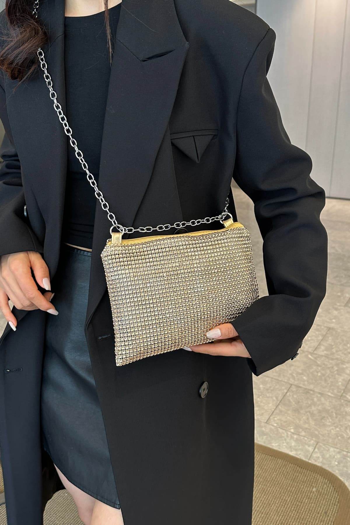 Rhinestone Polyester Chain Crossbody Bag - Hovatok