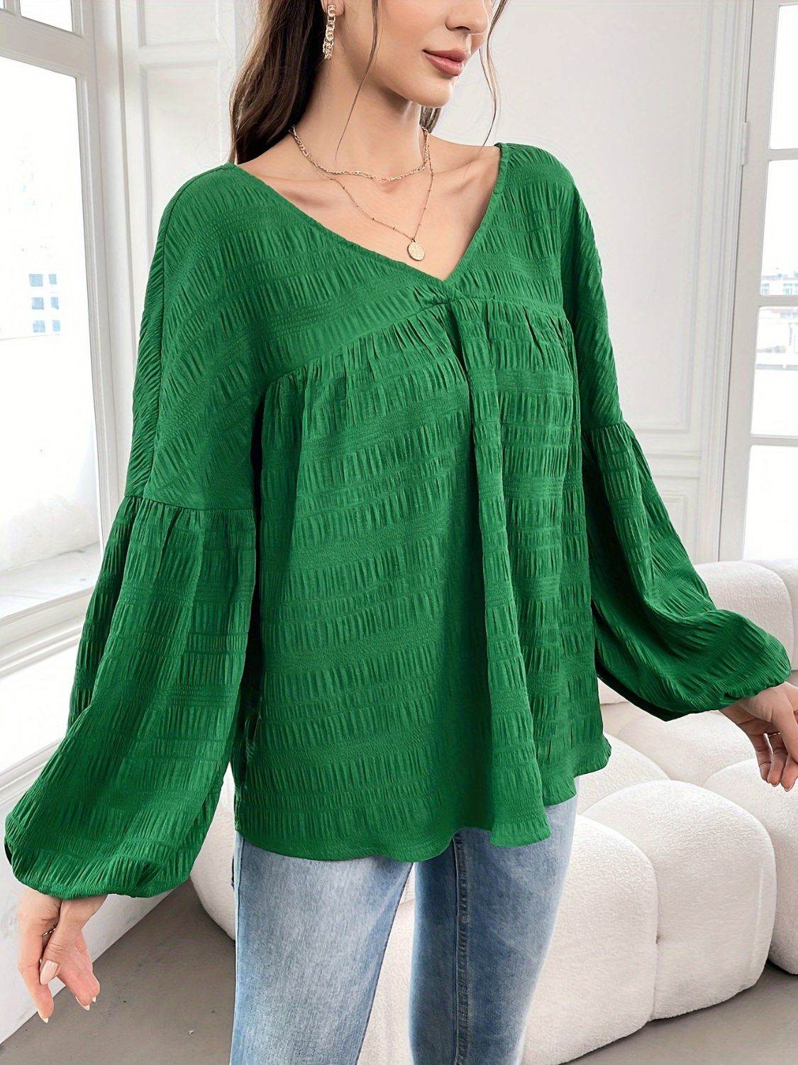 Plus Size Texture V-Neck Long Sleeve Top - Hovatok