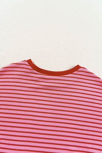 Contrast Striped Round Neck Short Sleeve T-Shirt - Hovatok