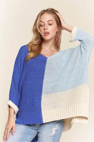 ADORA Side Slit Color Block Long Sleeve Sweater - Hovatok